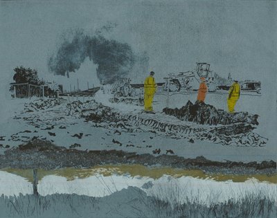 Wapno na ziemi, 2014 (linoryt i akwaforta) autorstwa Catherine Sutcliffe Fuller