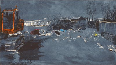 Szeroka przestrzeń z 300 traszkami, 2014 (linoryt i akwaforta) autorstwa Catherine Sutcliffe Fuller