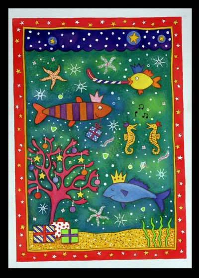 Fishy Christmas, 1997 (wc i pastel na papierze) autorstwa Cathy Baxter
