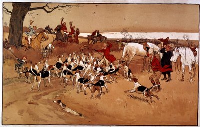 Uciekł scena polowania; strzelanie. Grawerowanie: Cecil Aldin (1870 -?), Anglia. Dz. Część autorstwa Cecil Charles Windsor Aldin