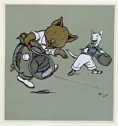 Świnia i lis grający w tenisa - w „Wesołej imprezie”, il. Cécil Aldin, wyd. Hodder & Stoughton, Londyn autorstwa Cecil Charles Windsor Aldin