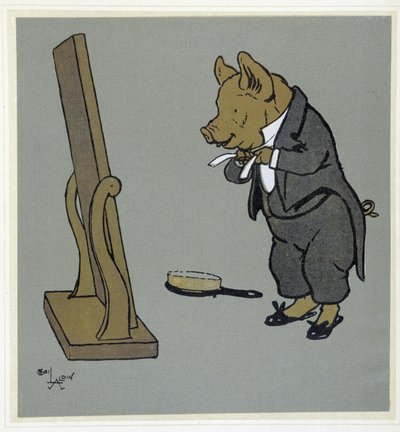 Świnia sam się czesuje, poprawia węzeł krawata przed lustrem - w „Wesołych przyjęciach”, ch. Cecil Aldin, wyd. Hodder & Stoughton, Londyn autorstwa Cecil Charles Windsor Aldin