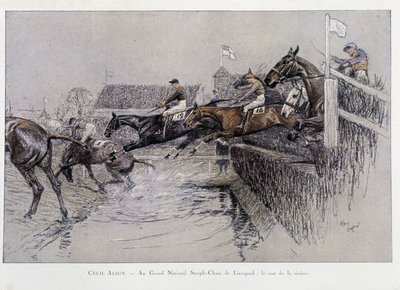 Grand National Steeplechase w Liverpoolu: The Jumping of the River – rysunek Cecila aldin autorstwa Cecil Charles Windsor Aldin