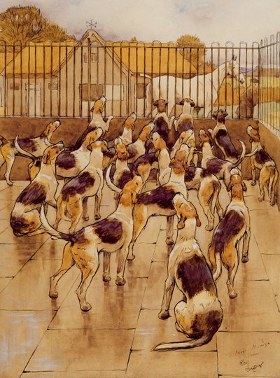 Ogary zaczęły nagle wyć w chórze (grafit, długopis i atrament i toaleta na papierze) autorstwa Cecil Charles Windsor Aldin
