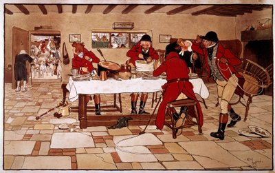 Przekąska z trzech gołębi. Myśliwi gotują i szybko jedzą przed wyjazdem na polowanie. Grawerowanie: Cecil Aldin (1870 -? ), anglia. Dz. Sprawa autorstwa Cecil Charles Windsor Aldin