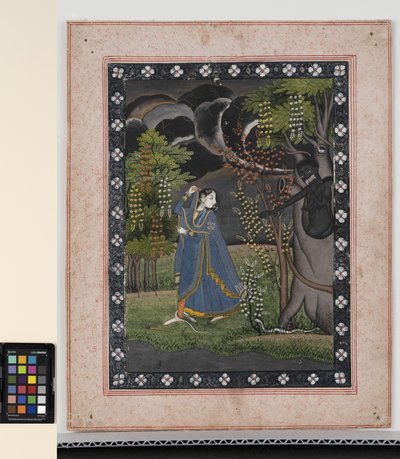 Abhisarika Nayika, ok. 1820 (nieprzezroczyste pigmenty i złoto na papierze) autorstwa Central Indian School