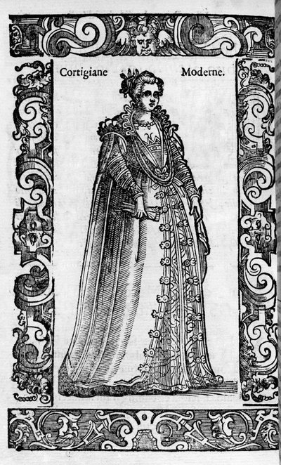 Renesans: rzymska kurtyzana w XVI wieku. Grawer z „”Nowoczesnych i starożytnych kostiumów”” Cesare Vecellio autorstwa Cesare (attr. to) Vecellio