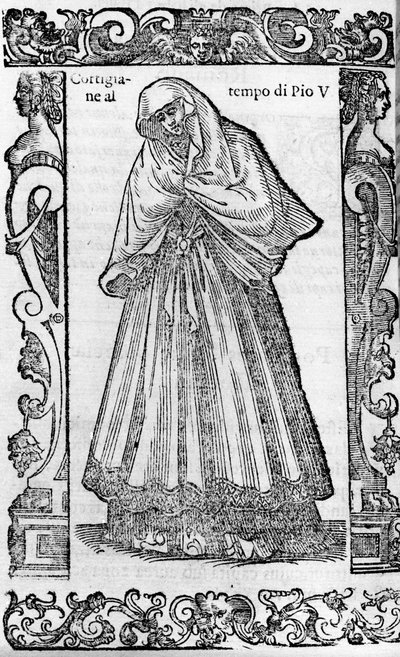 Renesans: kurtyzana w czasach papieża Piusa V (1566-1572). Grawer z „”Nowoczesnych i starożytnych kostiumów”” Cesare Vecellio autorstwa Cesare (attr. to) Vecellio
