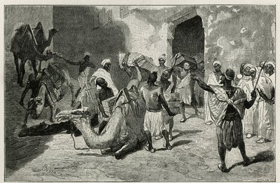 Załadunek wielbłądów z karawany autora opowieści, Atangera, rycina Biseo, ilustrująca opowiadanie Le Maroc Edmondo de Amicis, w 1875 roku, opublikowane w tour du monde, pod kierunkiem Edouarda Chartona autorstwa Cesare Biseo