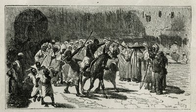 pogawędka złodzieja, wspina się na mule, otrzymuje pałki pod barwami tłumu, rycina C. Biseo, dla zilustrowania opowiadania Le Maroc Edmondo de Amicis, w 1875 roku, opublikowanego w tour du monde, pod reżyseria Edouarda Chartona autorstwa Cesare Biseo