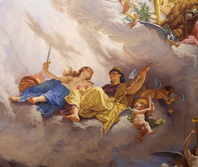 Fragment z Alegoria Włoch, fresk Cesare Mariani (1826-1901), sufit, Sala Większości, Palazzo delle Finanze (Pałac Finansów), Rzym. Włochy autorstwa Cesare Mariani