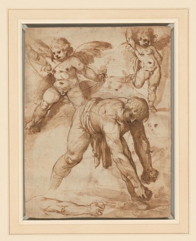 Studia postaci pochylonej, dwóch puttów i ręki (recto); Odpocznij w locie do Egiptu (verso) autorstwa Cesare Rossetti