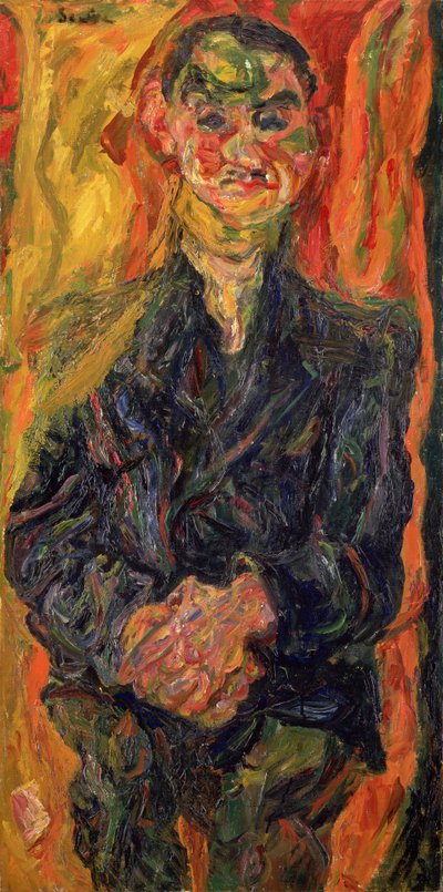 Mężczyzna w niebieskim kolorze z żółtym i czerwonym tłem autorstwa Chaim Soutine