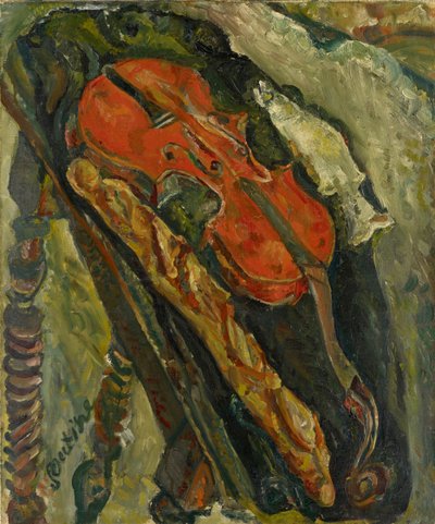 Nature morte au violon, pain et poisson Martwa natura ze skrzypcami, chlebem i rybą, ok. godz. 1922. autorstwa Chaim Soutine