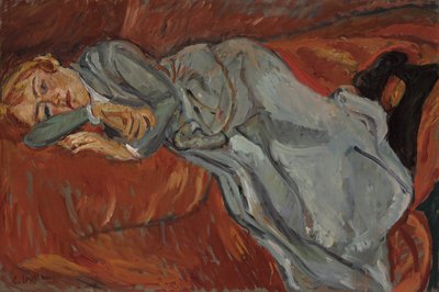 Kobieta leżąc na czerwonej kanapie; Kobieta leżąca na czerwonym tapczanie, ok. 1916 r. autorstwa Chaim Soutine