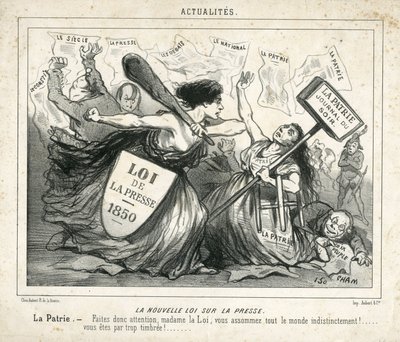 Ilustracja Chama (1819-1879) w Le Charivari, ok. 1850-4-3 - Nowe prawo prasowe - Cenzura, Prasa/Media, Loi - Proudhon Pierre-Joseph (1809-1965), Girardin Emile de (1806-1881) - Allegorie autorstwa Amédée de Noé