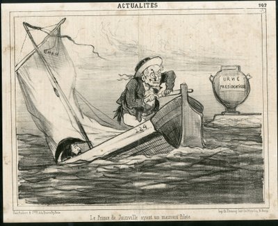 Ilustracja przedstawiająca Chama (1819-1879) w Le Charivari, ok. 1850 - Książę Joinville mający złego pilota - Wybory, Prezydent Republiki, Morska Marynarka Nautique Balneaire - Thiers Adolphe, Francois d