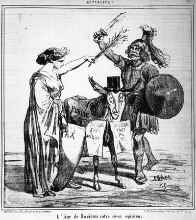 Osioł Buridana między dwiema opiniami - autorstwa Chama, w „”Charivari”” z 29.04.1859. autorstwa Amédée de Noé