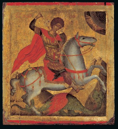 Ikona św. Jerzego na koniu, Zabijanie smoka (tempera jajeczna na drewnie) autorstwa Chanter Angelos Akotandos