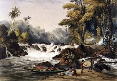 Katarakta bożonarodzeniowa na rzece Berbice, z „Widoki we wnętrzu Gujany”, grawerowana przez Paula Gauciego (fl.1834-67) wyd. przez Ackermanna autorstwa Charles (after) Bentley