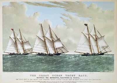 Great Ocean Yacht Race z 1866 roku pomiędzy Henrietta, Vesta i Fleetwing, opublikowany przez Currier & Ives autorstwa Charles (after) Parsons