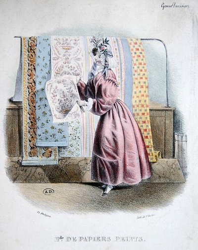 Sprzedawca tapet, ok. 1840 (kolor lito) autorstwa Charles (after) Philipon