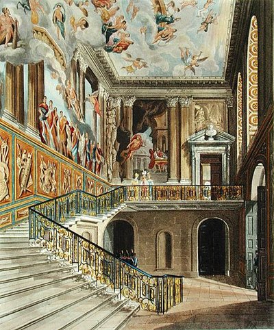 1819 онд хэвлэгдсэн Ричард Ривийн (1780 онд төрсөн) сийлсэн Пайнийн "Хааны ордон"-оос Хэмптон шүүхийн ордны том шат (сийлбэр) autorstwa Charles (after) Wild