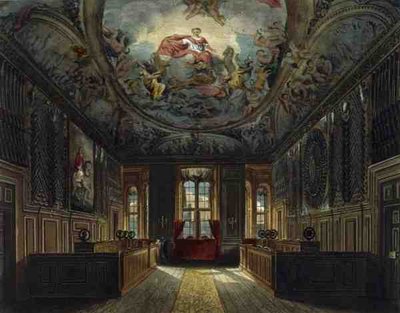Komnata Straży Królowej, Zamek Windsor, z „Rezydencji Królewskich”, ryty przez Thomasa Sutherlanda (ur. 1785), wyd. autorstwa Williama Henry