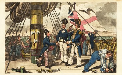 Kapitan Spring sprawia, że Midshipman Newcome staje się adiutantem i wręcza mu swój miecz na nadbudówce HMS Victory autorstwa Charles (c.1797 1850) (after) Williams