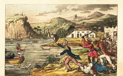 Angielski oficer marynarki uciekający przed wściekłym plantatorem Massa i zniewolonymi przez Quashee mężczyznami pałkami na Jamajce autorstwa Charles (c.1797 1850) (after) Williams