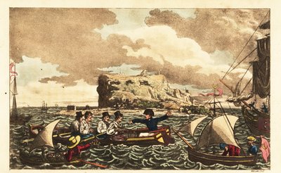 Midshipman Newcome przeniesiony łodzią wiosłową do HMS Vanguard niedaleko Gibraltaru autorstwa Charles (c.1797 1850) (after) Williams