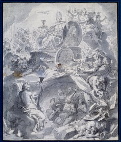 Alegoria: „”Zwycięski Kościół Herezji czyli triumf religii”” Rysowanie gwaszu i pranie warsztatu Charlesa Lebruna (Le Brun) (1619-1690) XVII-wieczny Paryż, Musee du Louvre autorstwa Charles (studio of ) Le Brun