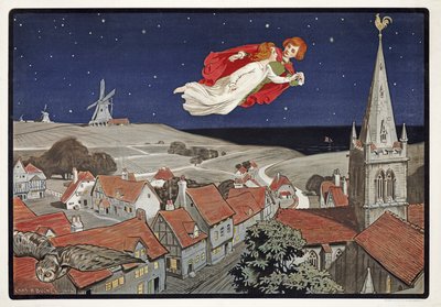 Peter and Wendy Flying from Peter Pan by JM Barrie (1860 - 1937) , pub.1904 (kolor lito) autorstwa Charles A. Buchel