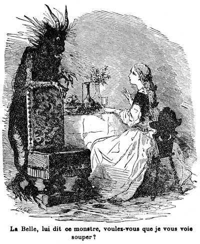 Ilustracja do opowieści pani Jeanne Marie Leprince de Beaumont „Piękna i Bete”, XIX w. autorstwa Charles Albert dArnoux Bertall