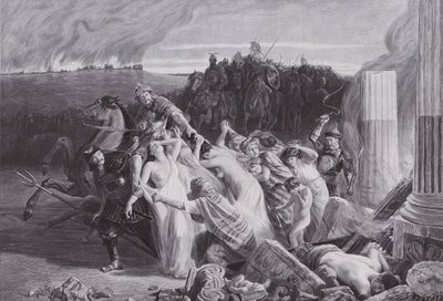 Galowie uprowadzeni przez Hunów (litografia) autorstwa Charles Alexandre Coessin de la Fosse