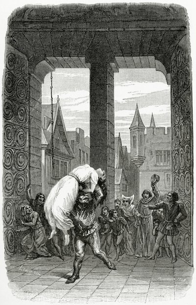 Quasimodo ratuje Esmeraldę przed egzekucją - ilustracja z Notre Dame de Paris, XIX w. (rycina bw) autorstwa Charles Alexandre Lesueur