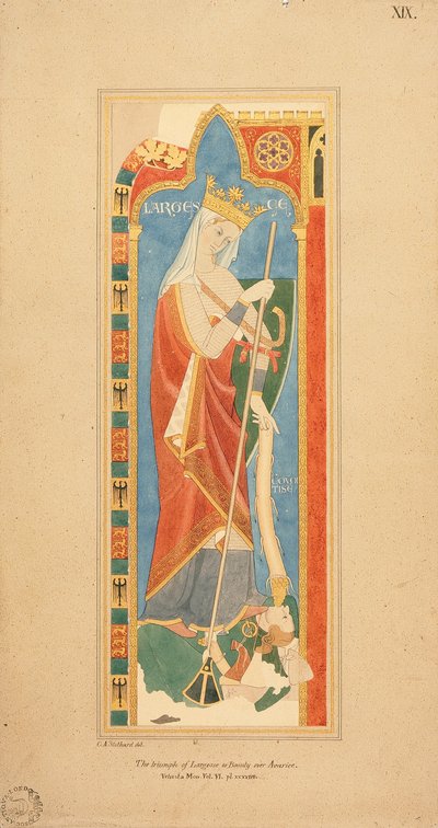 The Virtues Largesce and Debonerete (Largesce) 1819 (akwarela z wypukłym, złoconym detalem na papierze) autorstwa Charles Alfred Stothard