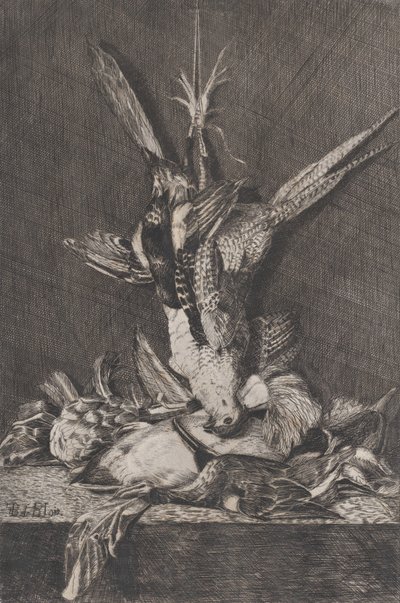 Trofeum myśliwskie z ptakami łownymi i karczochami, 1850-1900. autorstwa Charles Alphonse Deblois