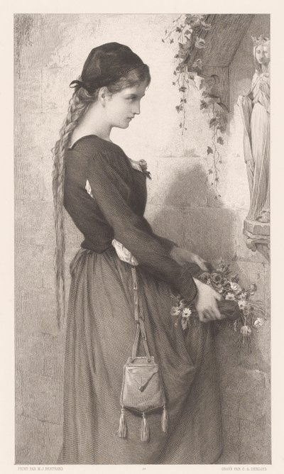 Młoda kobieta przynosi kwiaty do niszy z figurą Maryi Małgorzata (tytuł na obiekcie) autorstwa Charles Alphonse Deblois