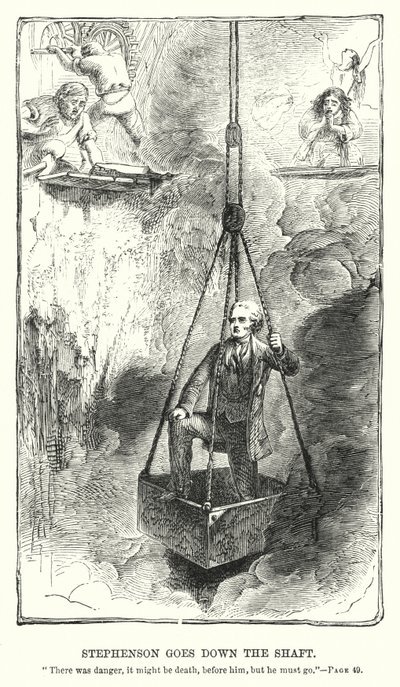 Stephenson schodzi w dół szybu (grawerowanie) autorstwa Charles Altamont Doyle