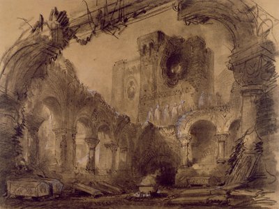 Ruiny, projekt scenografii do przedstawienia "Makbeta" Giuseppe Verdiego (1813-1901) w Theatre Lyrique, Chatelet, Paryż, 1865 (węgiel drzewny i biała kreda na papierze) autorstwa Charles Antoine Cambon