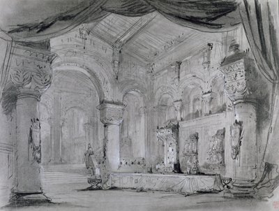 Scenografia wnętrz pałacu do przedstawienia opery "Makbet" Giuseppe Verdiego (1813-1901) w Theatre Lyrique, Chatelet, 1865 (węgiel drzewny i biała kreda na papierze) autorstwa Charles Antoine Cambon