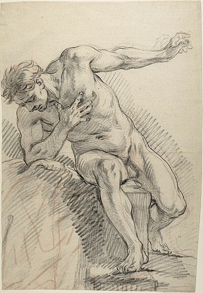 Szkic nagiego mężczyzny opartego na prawym łokciu (recto) autorstwa Charles Antoine Coypel