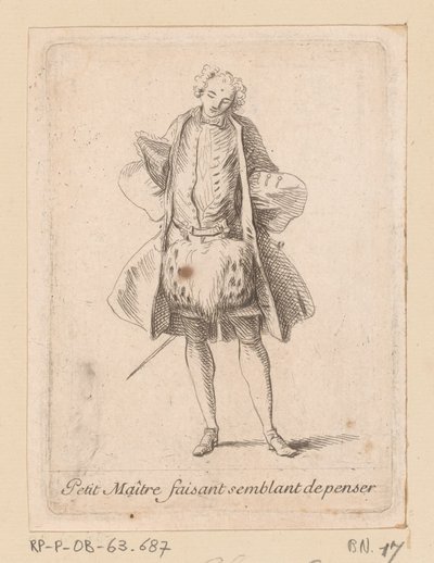 Stojący szlachcic widziany z przodu Petit Maître faisant semblant de penser (tytuł na obiekcie) Figures de mode (tytuł serii) autorstwa Charles Antoine Coypel
