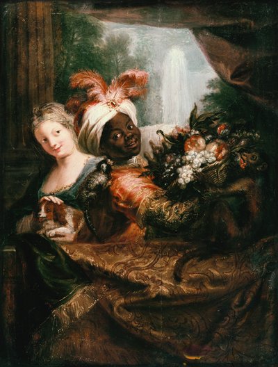 ځوان تور سړی د میوو کڅوړه په لاس کې لري او یوه ځوانه نجلۍ د سپي پولي په نښه کوي autorstwa Charles Antoine Coypel