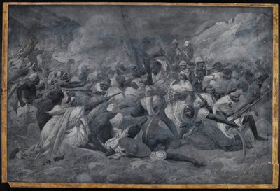 „Klęska armii egipskiej pod wodzą Hicksa Paszy przez siły Mahdiego Muhummada Ahmada pod El Obeid”, 5 listopada 1883 r. (akwarela en grisaille) autorstwa Charles Auguste Loye
