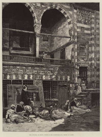 Cholera w Egipcie, scena na dziedzińcu domu w Kairze autorstwa Charles Auguste Loye