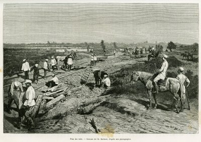Układanie szyn transkaspijskich. Grawerowanie Ch. Barbant ilustrujący opowiadanie Podróż na Merv Edgara Boulangera, in le tour du monde 1887, w reżyserii Edouarda Chartona (1807-1890), Hachette, Paryż. autorstwa Charles Barbant