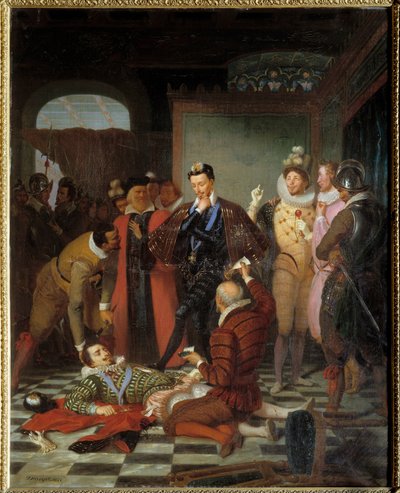 Henryk III król Francji pchający ciało Henryka I Lotaryńskiego, księcia Guise zwanego Balafre (1550-1588) po zamachu na zamku w Blois autorstwa Charles Barthelemy Durupt
