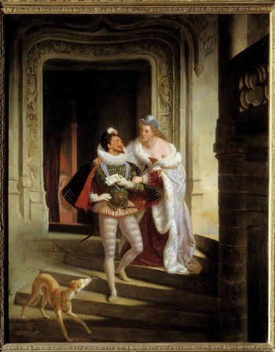 Markiza Noirmoutiers, Charlotte de Beaune Semblancay (1551-1617) starająca się zboczyć z trasy Henryka I Lotaryńskiego, księcia Guise zwanego Balafre (1550-1588), aby udał się na zgromadzenie stanów Blois przed jego zabójstwem (1588) w zamek B autorstwa Charles Barthelemy Durupt
